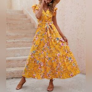 NEW Boho Floral Wrap Top Tiered Long Dress Yellow Pink Blue